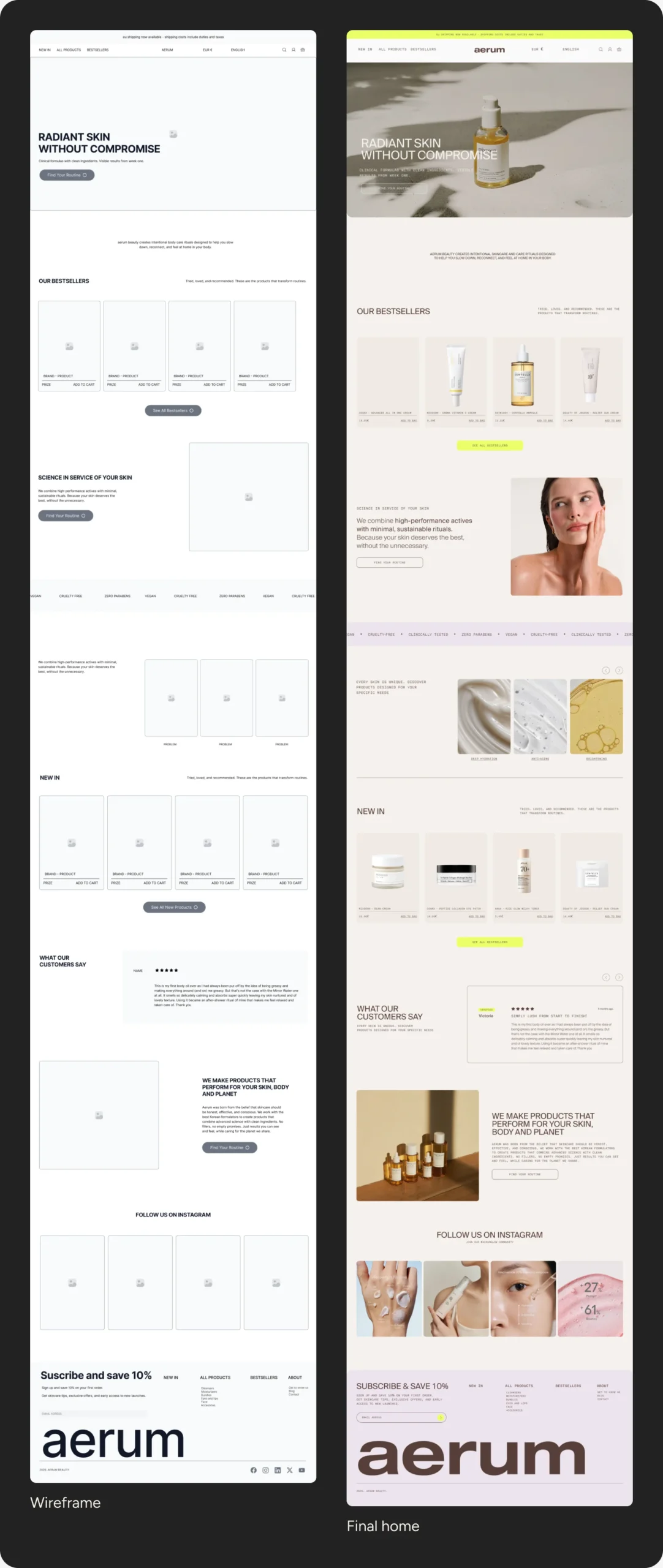 Aerum home, wireframe and final design